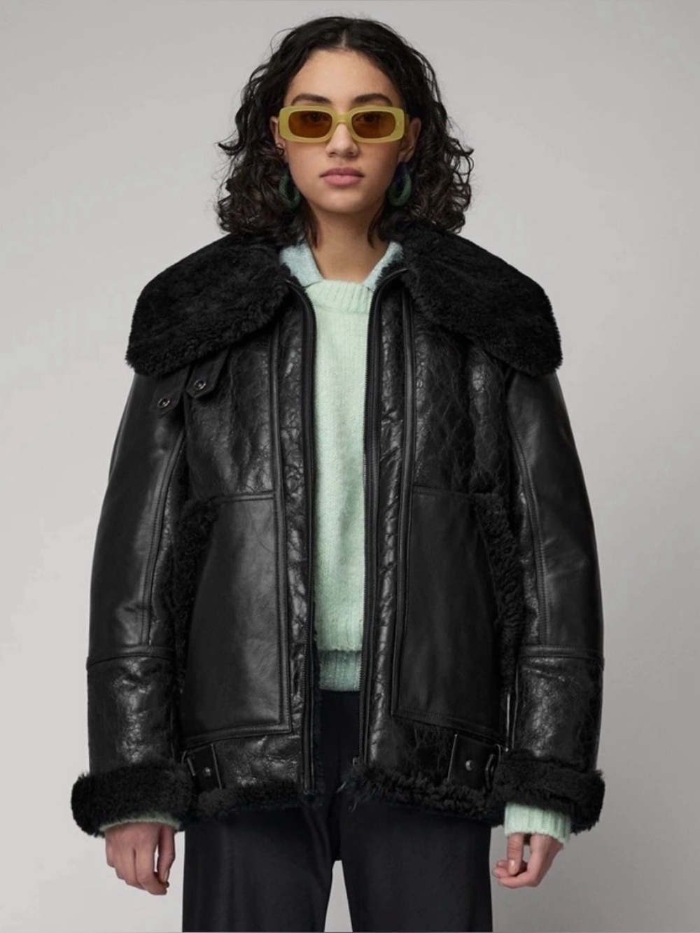The Arrivals Moya Alpine Leather Shearling Coat Jacket Black Small